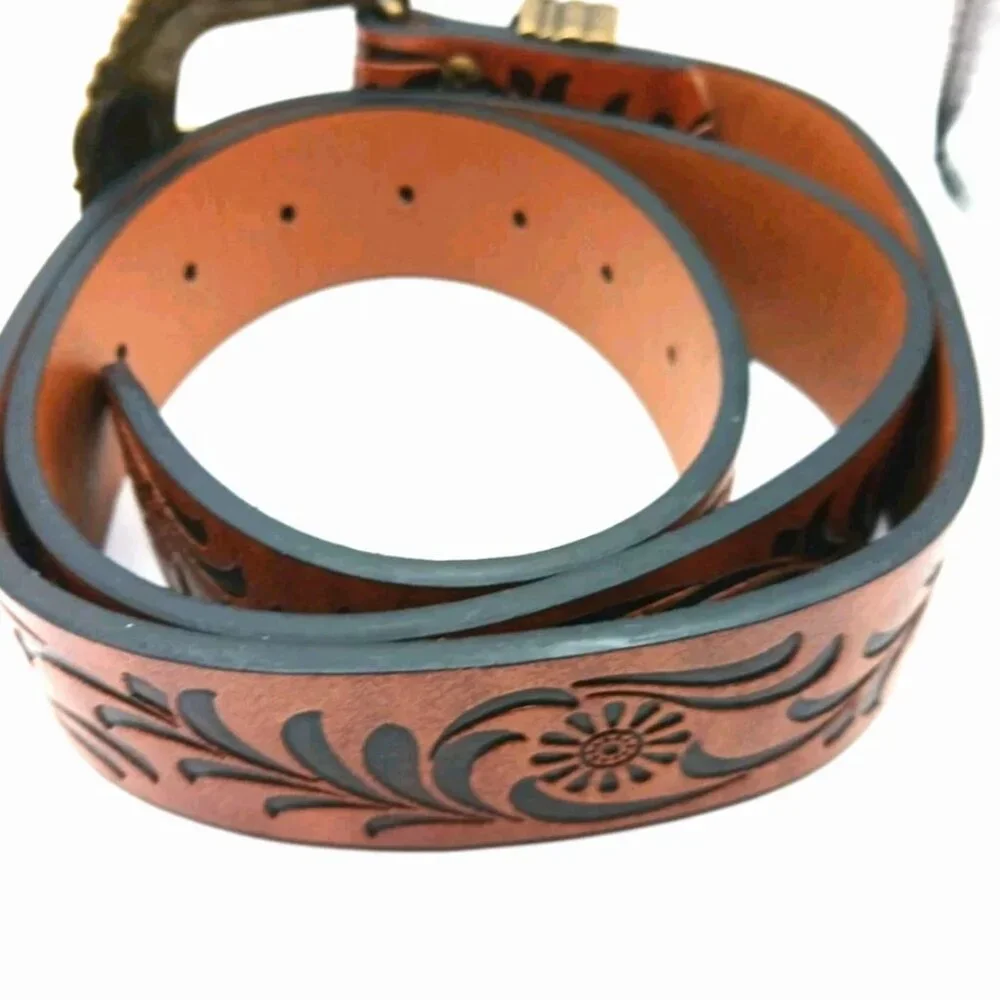 Western Womens Brown Leather Floral Belt Waist New